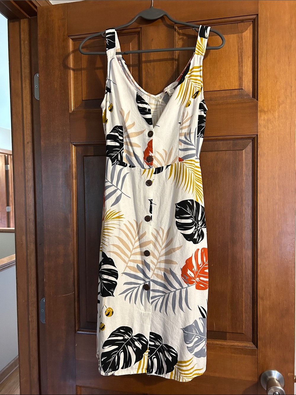 Monteau White Sundress with Yellow and Black Leaf Print